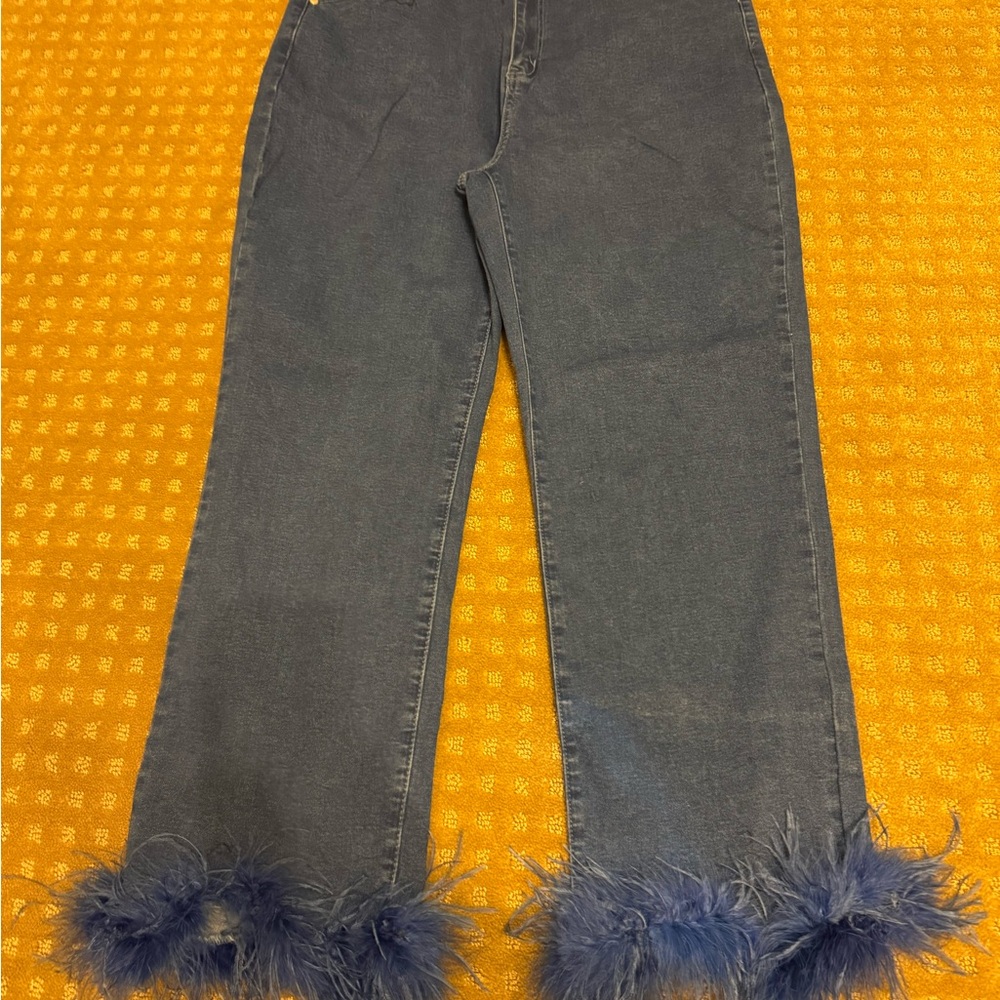 Boohoo Blue Jeans with Blue Feather Trim
